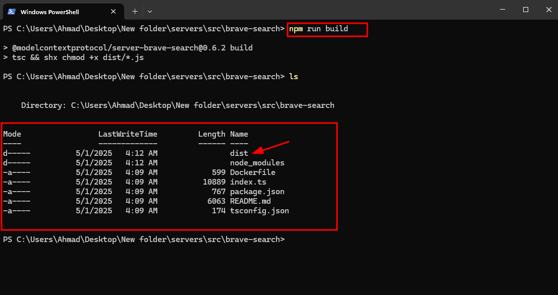 Terminal output after successful MCP server build