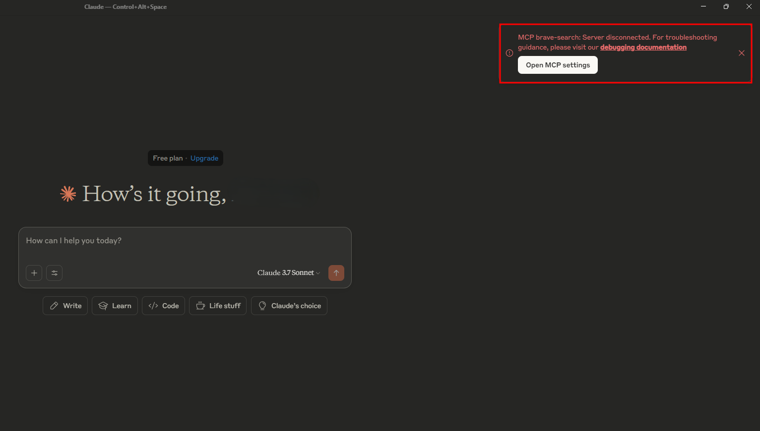 Claude Desktop error showing server disconnected