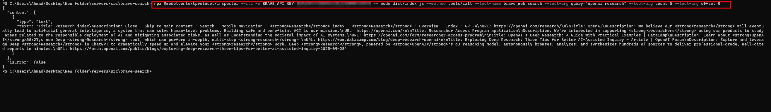 MCP CLI Inspector tool call output