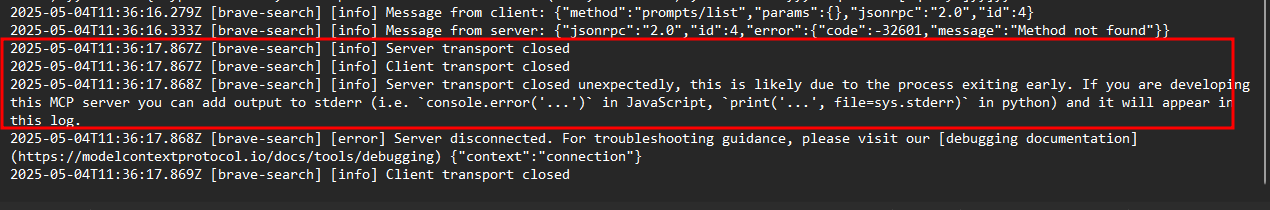 Example MCP logs showing connection errors