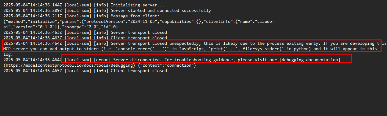 Error message: Server transport closed unexpectedly