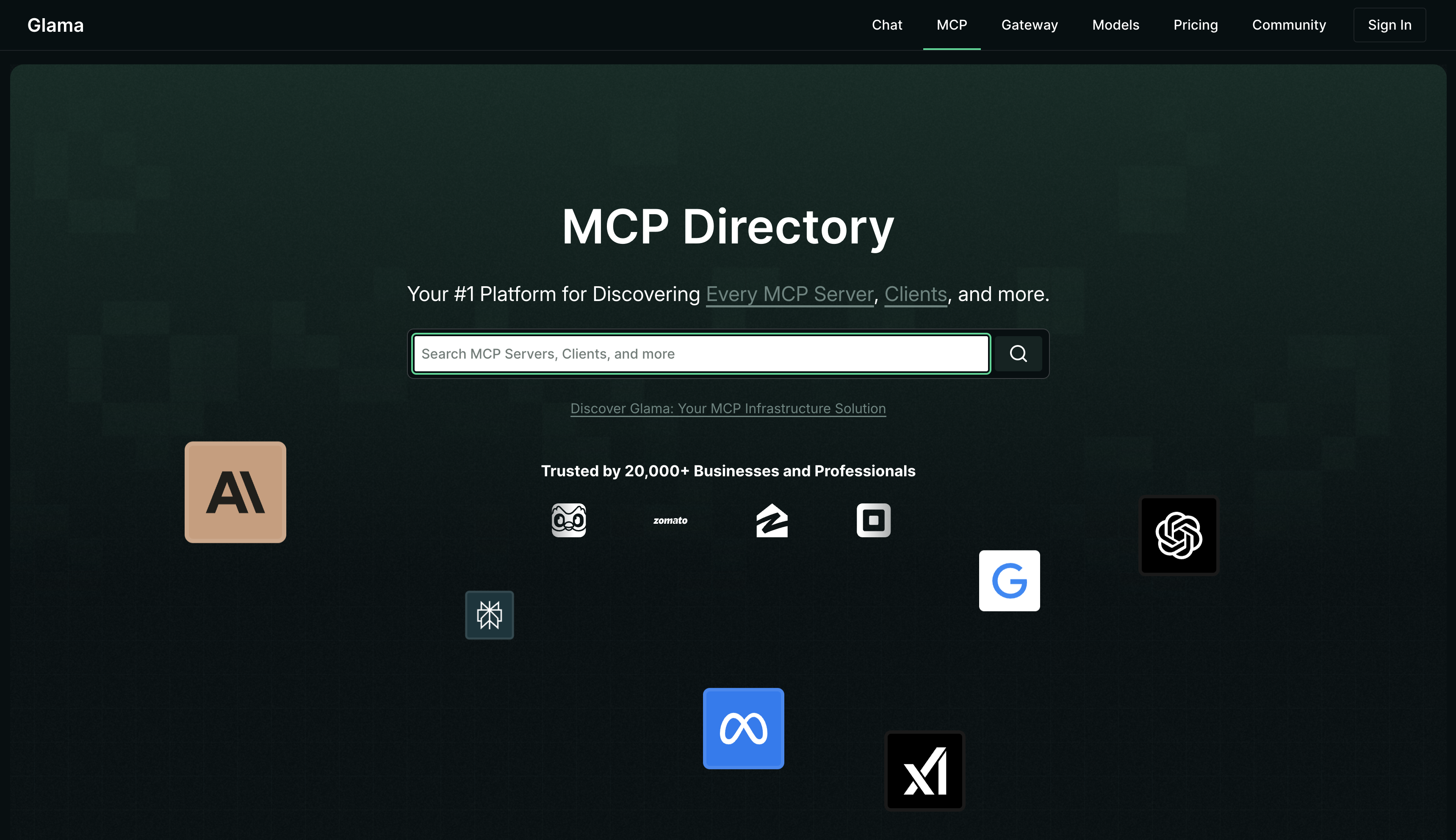 Homepage of Glama