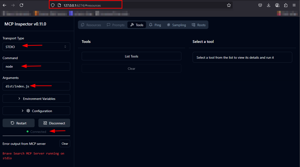 MCP Inspector connected to local BraveSearch server