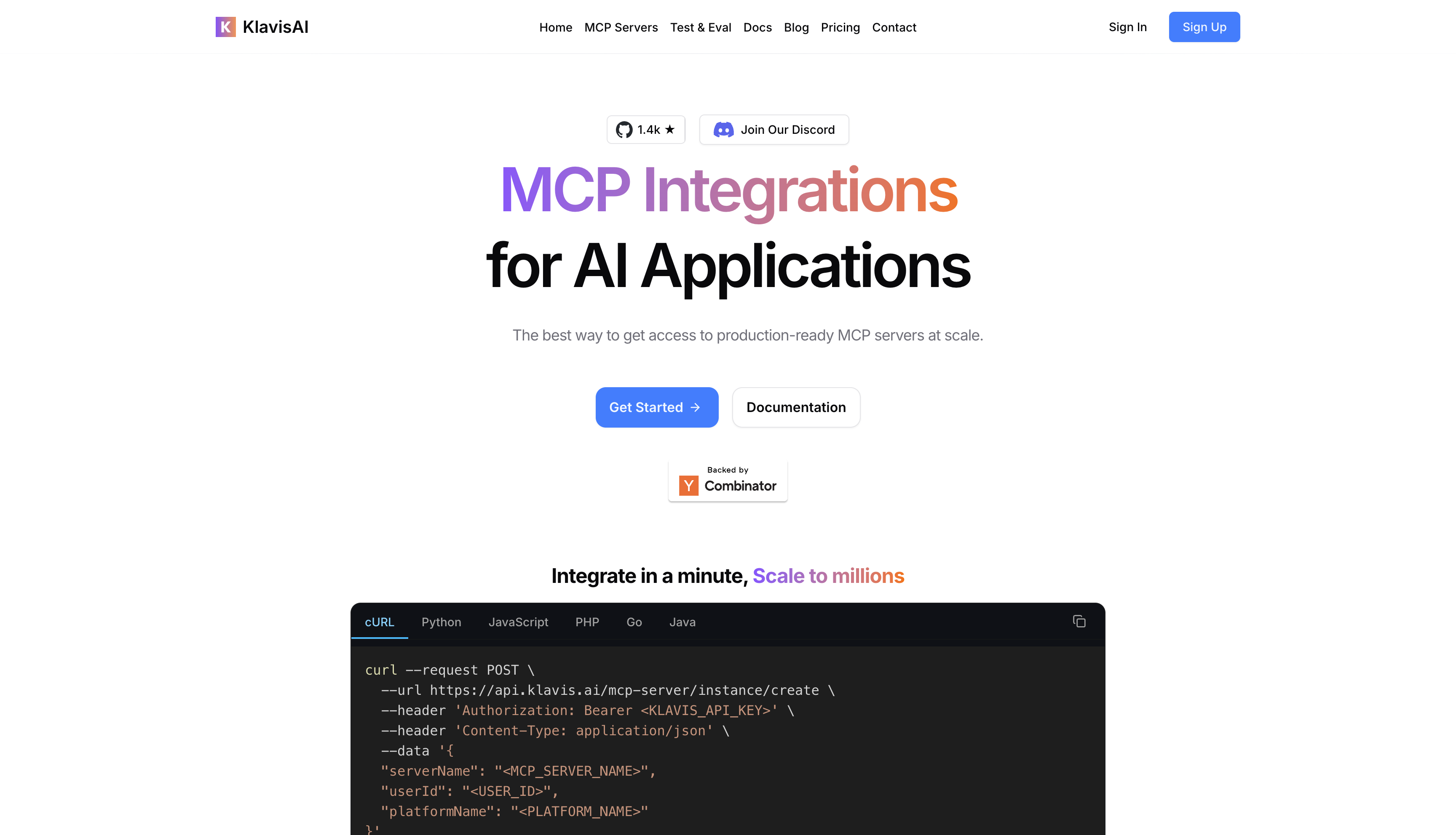 Homepage of Klavis AI