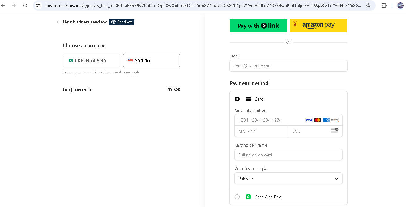 Stripe checkout page in browser